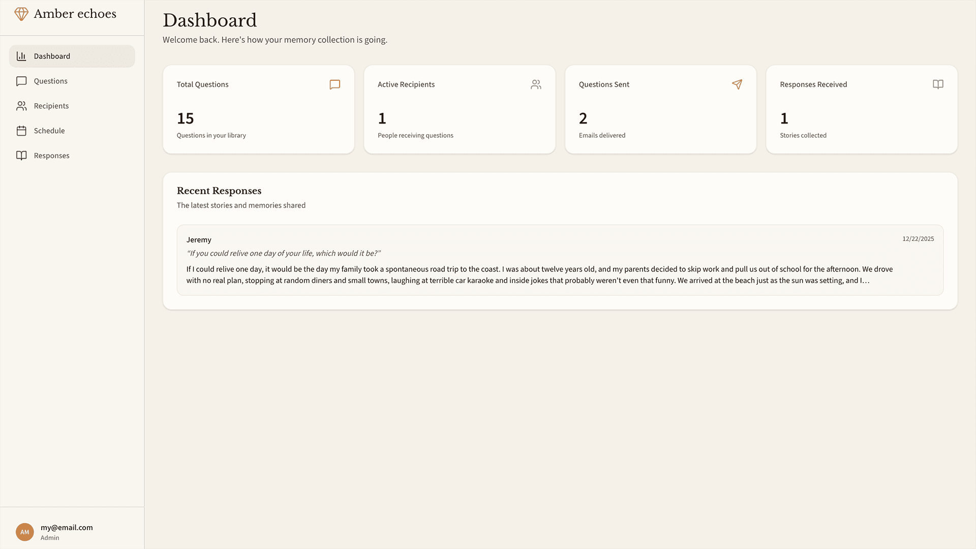 Admin dashboard showing questions, recipients, and responses